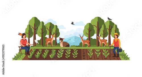Vector illustration of indigenous people in harmony with wildlife and nature, showcasing conservation concept with animals and trees in a tribal world