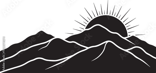 Black and White Mountain Landscape with Sunrise Silhouette