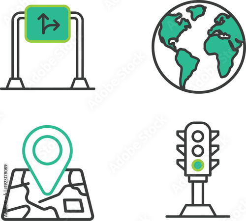 A creative set of icons including a directional road sign, globe, map pin, and traffic light, representing travel, navigation, and global connectivity.