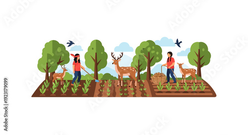 Vector illustration of a harmonious scene with indigenous people and wildlife in a natural setting with trees, animals, and a river, conveying a sense of conservation and tribal connection.