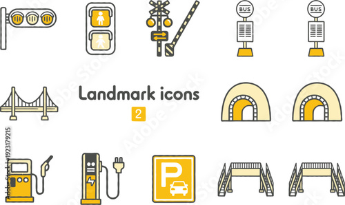 Assortment of simple, colorful landmark icons for navigation and travel, featuring bridges, tunnels, bus stops, electric car charging, and road signs.