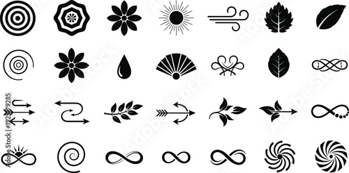 Mega Collection of Black Silhouette Graphic Icons Featuring Nature Leaves Sun Flowers Infinity Symbols Arrows Spirals and Decorative Design Elements for Creative Vector Projects