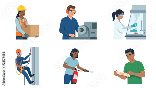 Diverse Professionals in Various Safety and Industrial Work Environments Construction Manufacturing Science Maintenance and Fire Safety