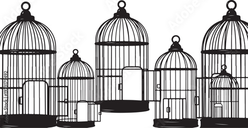 Black and white illustration of multiple bird cages