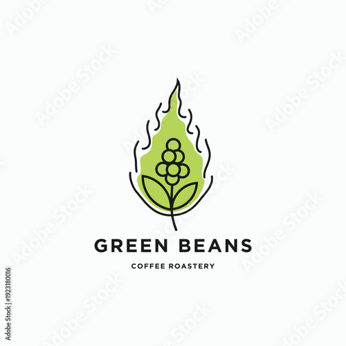 Nature green beans coffee roastery logo design. Branch of coffee cherry beans with flaming fire line art symbol logo icon sign