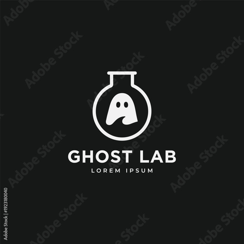 Ghost in glass lab logo design. Cute ghost laboratory symbol logo icon sign vector illustration