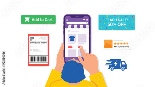 Online Shopping Mobile App Concept: Hands Using Smartphone for E-commerce, Flash Sale, Delivery & Product Reviews