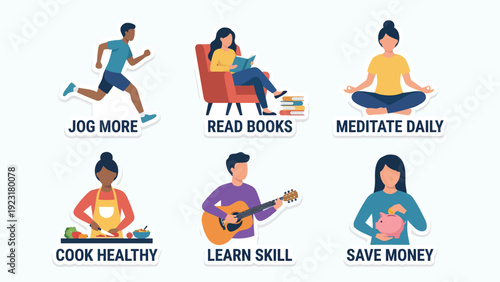 Healthy Lifestyle & Self-Improvement Habits Vector Set. Daily Routine, Well-being, Personal Growth Activities Illustration