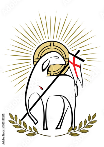 Lamb of God With Halo and Cross Banner – Christian Religious Vector Illustration