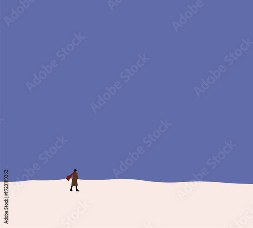 Woman wearing red scarf walking on snow quiet and peaceful with panoramic view. Beautiful winter park.