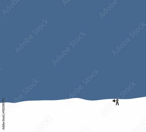 Man holding umbrella walking on snow quiet and peaceful with panoramic view. Beautiful winter park.