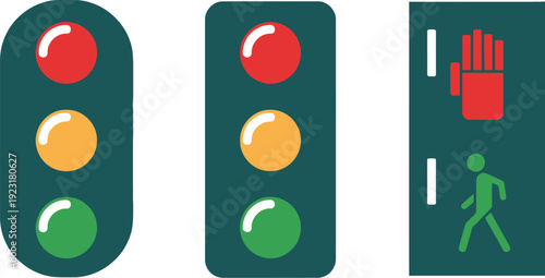 Set of traffic and pedestrian signals including red, yellow, green lights and walk/don't walk indicators