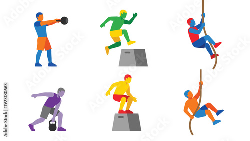 Dynamic Fitness Workout Vector Set with Kettlebell, Box Jumps, and Rope Climbing Exercises