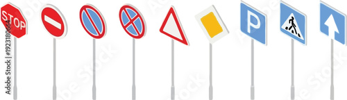 Collection of isometric traffic and road signs including stop, no entry, parking, pedestrian crossing, and directional arrows.