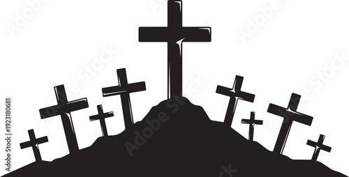 Silhouette of multiple crosses on a hilltop at sunset