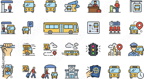 Collection of colorful icons related to bus transportation services, including stations, tickets, passengers, and routes.