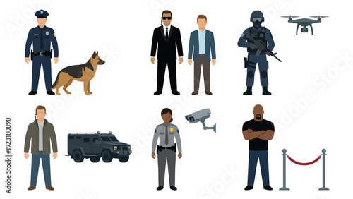 Security Personnel and Protection Equipment Vector Set: Police, Bodyguard, SWAT, K9, CCTV, Drone, Armored Car