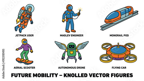 Future Mobility Vector Icons Set: Futuristic Transport, Drones, Jetpacks, and Engineers. Modern Technology Cartoon Illustrations