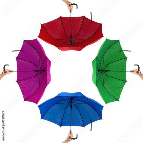 group of hand holding open umbrella in four colors isolated on white background