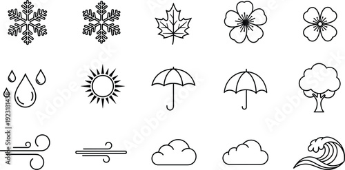 Minimalist black line icon set featuring weather and nature symbols including snowflakes, autumn leaves, flowers, sun, rain drops, umbrellas, trees, wind, clouds, and waves.