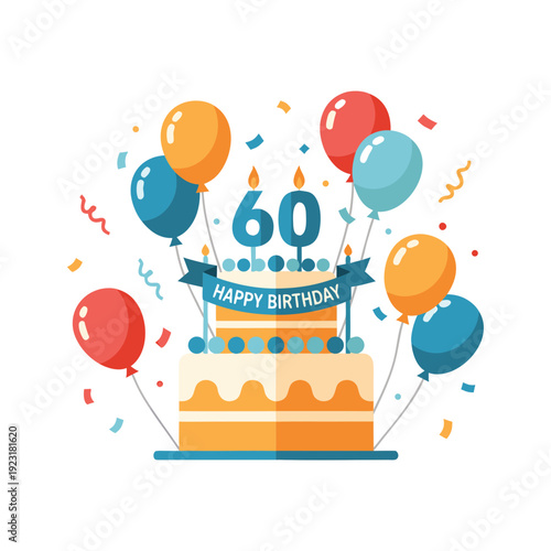 Two-Tier Flat Vector 60th Birthday Cake with Celebration Elements