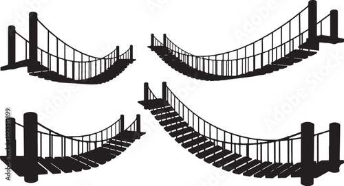 Set of suspension bridges with stairs and railings silhouettes