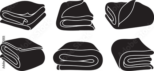 Various folded black towels on white background illustration set