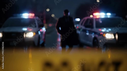 Wallpaper Mural Starts with sharp detail on yellow police tape, then shifts focus to a distant silhouette of a detective in a trench coat stepping out of a car. Red and blue strobe background Torontodigital.ca