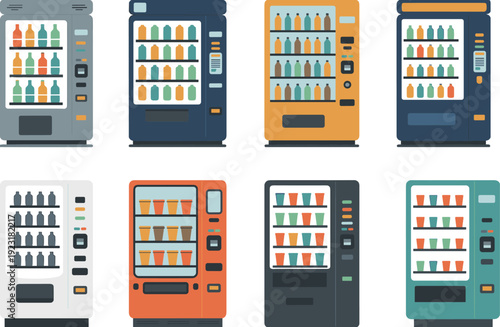 Collection of modern beverage vending machines with assorted drink bottles isolated vector illustration for automatic retail business concept