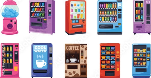 Colorful vending machines set including snack, drink, coffee and gumball dispensers isolated vector illustration collection