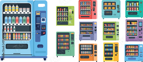 Colorful vending machines collection with snacks and drinks, modern automated retail dispensers set isolated on white background vector illustration