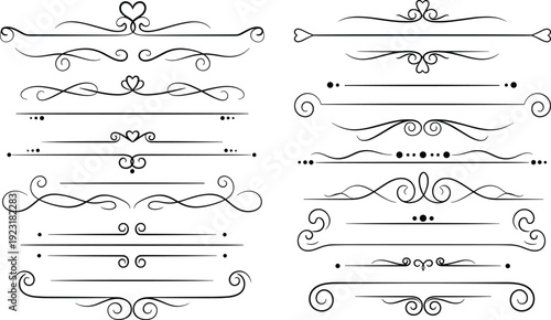Set of black minimalist decorative dividers featuring elegant calligraphic swirls heart shapes and clean line art for romantic wedding invitation and greeting card design.