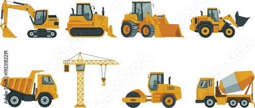 Construction machinery collection with excavator, bulldozer, wheel loader, crane, dump truck, road roller and concrete mixer vector illustration set