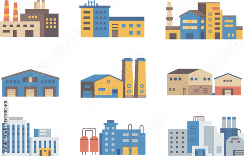 Flat industrial factory and warehouse buildings set with manufacturing plants and urban production facilities vector illustration collection