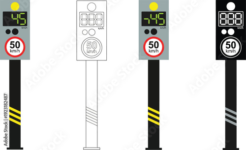 Collection of four speed limit signs with digital displays showing different speeds and markings, suitable for traffic management and road safety graphics.