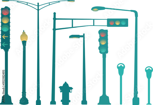 Collection of urban street elements including traffic lights, street lamps, and parking meters in a flat, modern illustration style.