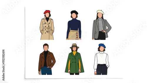 Stylish Fall Fashion Outfits Vector Illustrations: Men & Women in Coats, Jackets, Berets & Hats, Minimalist Design