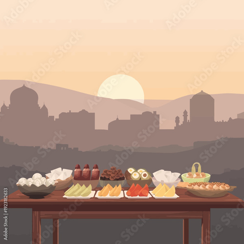 Minimal Flat Vector Illustration of Ramadan Takjil Market in Indonesia at Sunset.
