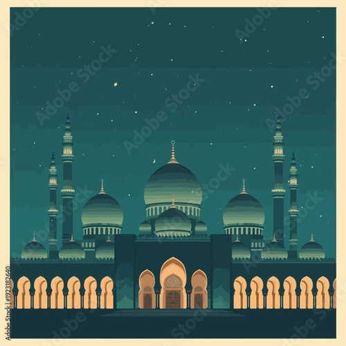 1960s Editorial Style Flat Vector Illustration of Mosque Exterior During Ramadan Evening
