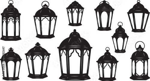 Collection of black lanterns in various sizes and shapes