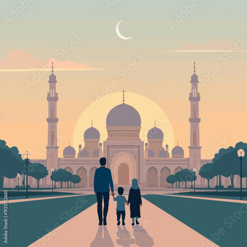 Modern Flat Vector Illustration of Muslim Family Walking to Mosque at Sunset During Ramadan