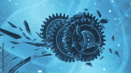 Gears Interlocking Rotating with Shattering Fragments Blue Abstract Background Cinematic Motion