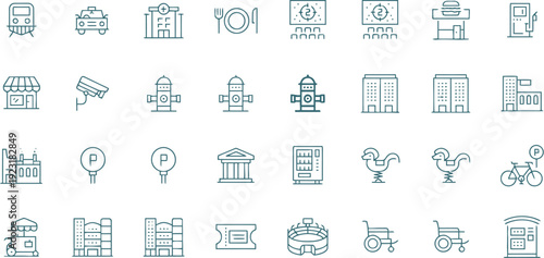 City life and street furniture icon set including traffic lights, hospital, store, and cafe bar