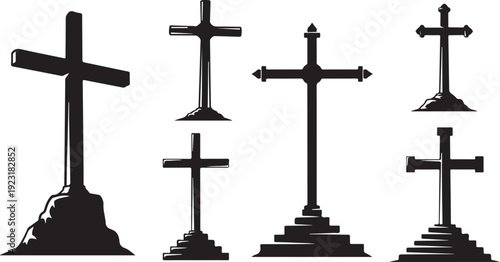 Various Cross Silhouettes on Different Bases and Hillsides Illustration