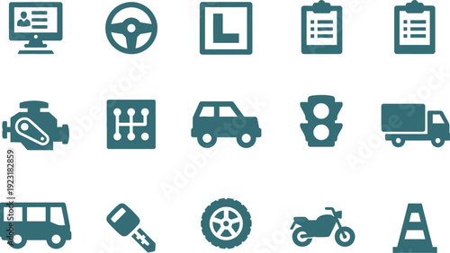Teal blue icons for driving school or car mechanics, featuring engine, gearbox, license, documents, and vehicle symbols.