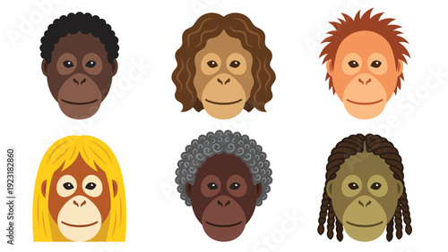 Diverse Cartoon Monkey and Ape Faces Collection with Varied Hairstyles and Hair Colors