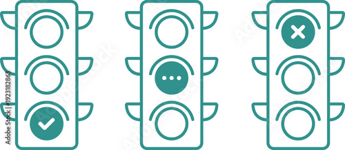 Three line art traffic lights showing different signals: checkmark, ellipsis, and cross, representing choices and decisions.
