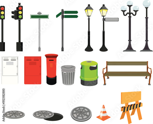 Collection of urban street elements including traffic lights, signposts, lampposts, post boxes, bins, benches, and construction barriers.