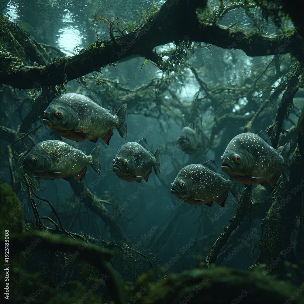 Obraz premium A mesmerizing view of piranhas swimming gracefully in a tranquil aquatic habitat