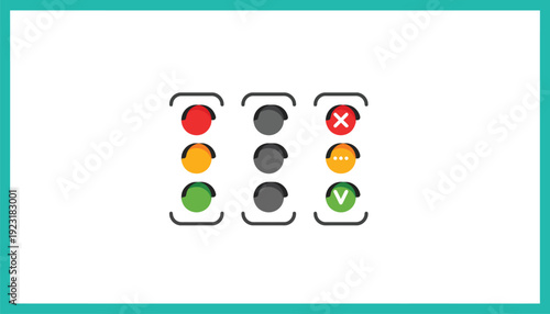 Set of three traffic light icons showing different status: red stop, amber caution, and green go with checkmark, representing decision making and status updates.